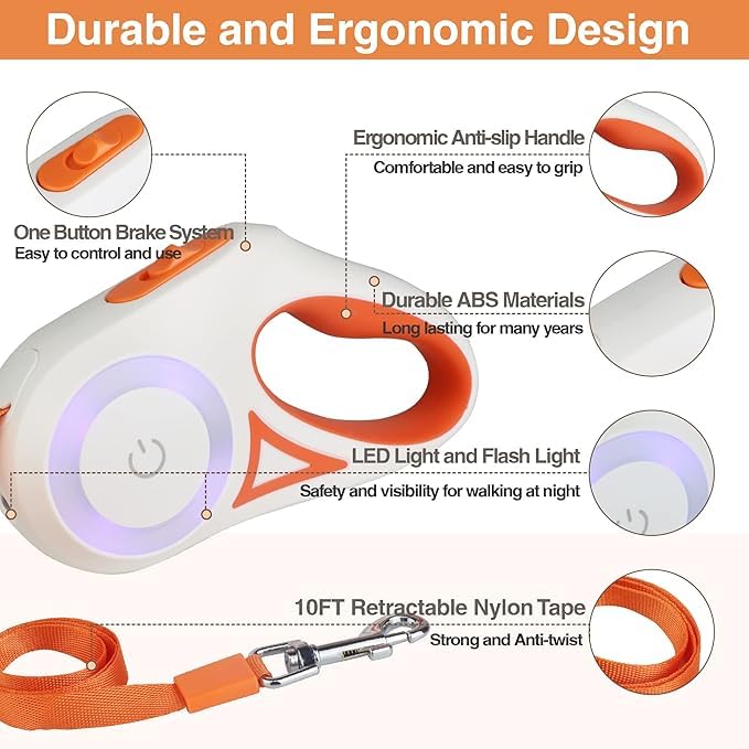 Image of Retractable Dog Leash with LED Flashlight, Heavy Duty Automatic Extendable Pet Leash for Small & Medium Dogs, One Button Brake & Lock, Anti-Slip Handle, 3Meter Tangle-Free Walking Lead