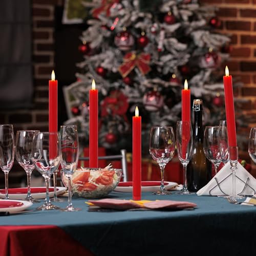 Image of Red Flameless Taper Candles 9.6 inch Christmas LED Candles Real Wax with Remote Timer, Battery Operated LED Candles Set with 3D Flickering Flame, Classic Flickering Candlesticks for Home, Party, 6 Pack