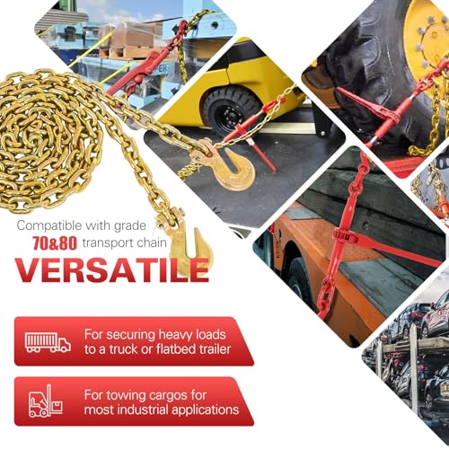 Image of 2 Pack 3 /8 inch to 1 /2 inch Heavy Duty Ratchet Chain Binder with G80 3 /8 inch x 10FT Chains, 5400 Lbs Work Load Limit G80 Chains for Flatbed Truck Trailers and Hauling Applications