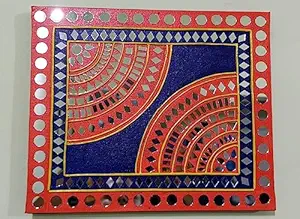 Tapasya Crafts Brick Red and Blue color Lippan Wall Art Painting Made With Acrylic Color, Clay and Mirror on Canvas With Woodden Frame (12 Inch * 10 Inch)