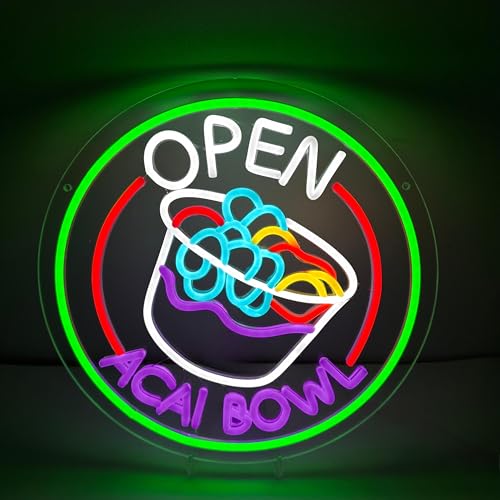 Acai Bowl Open Neon Sign Large Led Sign Food Led Neon Light for Wall Decor Usb Powered Neon Lights Wall Art Decoration for Juice Bar Restaurant Store Shop Market Food Truck Cafe Home Decor Dimmable(13.7in×13.7in)