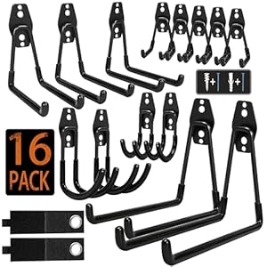 Garage Hooks, 16 Pack Steel Heavy Duty Garage Storage Hooks with Anti-Slip Coating, Utility Garage Wall Mount Hooks for Hanging Bike, Ladder and Garden Tools
