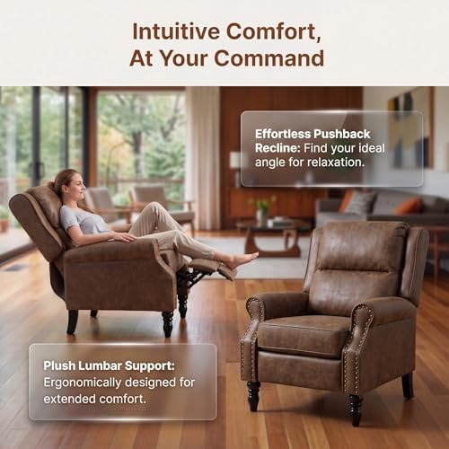 Image of Leather Recliner Chair with Adjustable Backrest & Footrest, Brown | Adjustable Backrest & Footrest, Medieval Style Overstuffed Arms, Quality Faux Leather