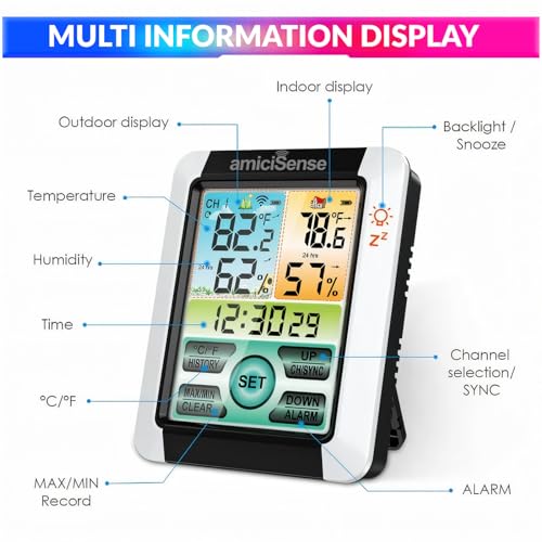 Image of amiciSense Digital Weather Station, Outdoor /Indoor Temperature and Humidity Monitoring Device with Touch Screen and Clock Function