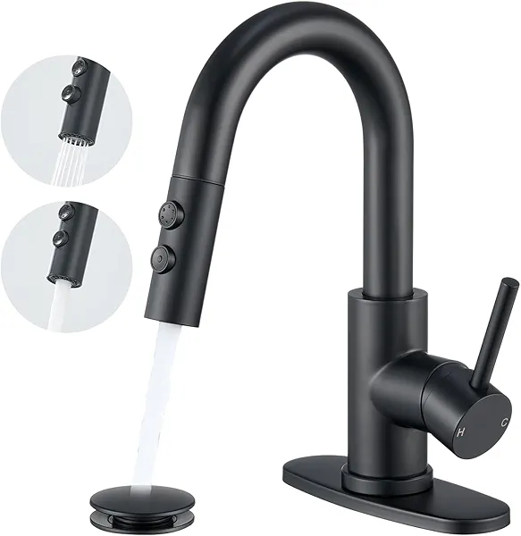 Black Bathroom Faucet with Pull Down Sprayer, Single Hole Bathroom Faucet with Pop-up Drain and Flexible Hoses, 1 Handle Sink Faucets for Vanity, Modern Farmhouse, Vanity, Restroom