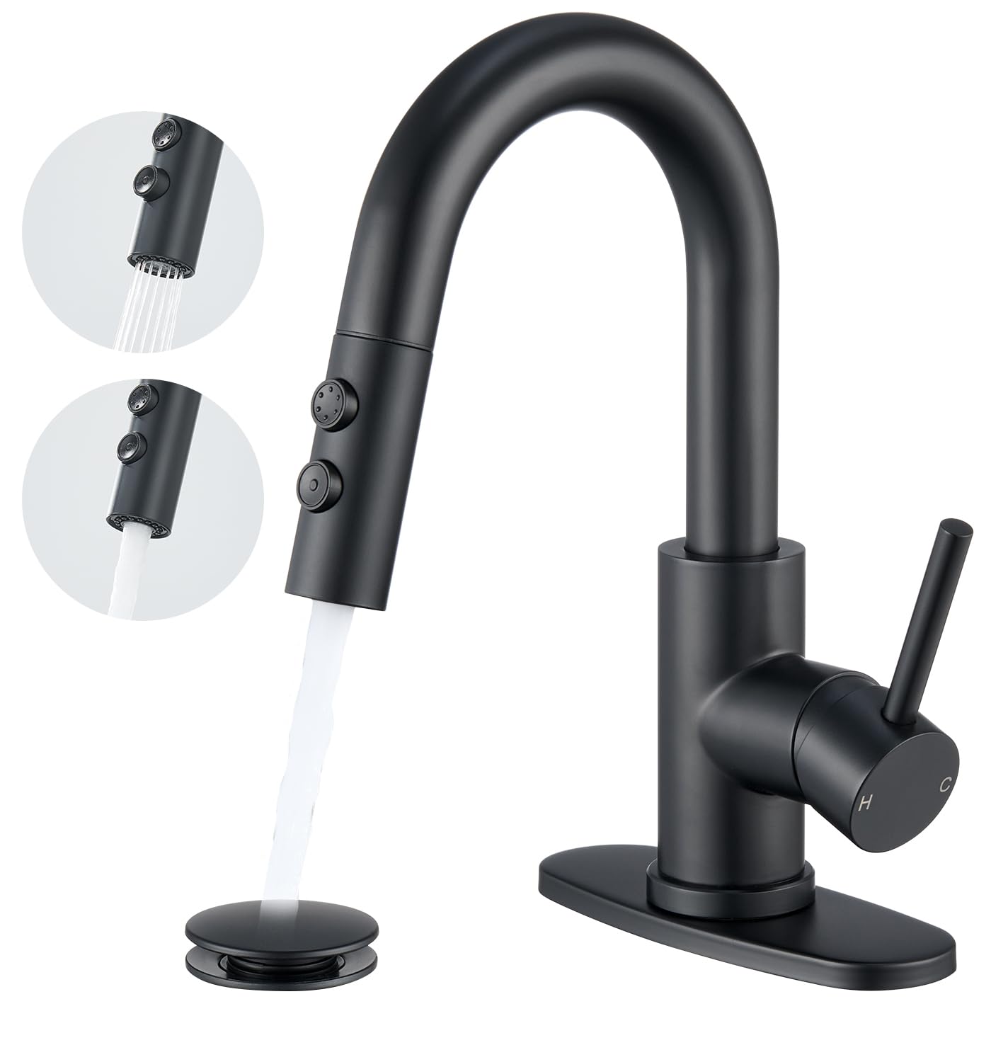 Black Bathroom Faucet with Pull Down Sprayer Single Hole Bathroom Faucet with Pop-up Drain and Flexible Hoses 1