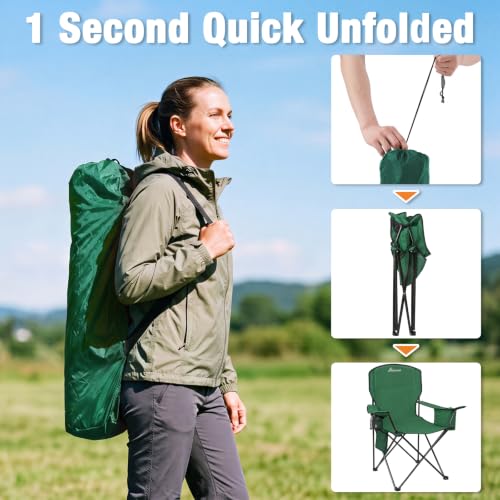 Image of Camping Chairs for Adults, 2 Pack Heavy Duty Folding Chair with 4-Can Cooler Bag, Portable Outdoor Chair with Cup Holder, Collapsible for Tailgating, Beach, Fishing, Green