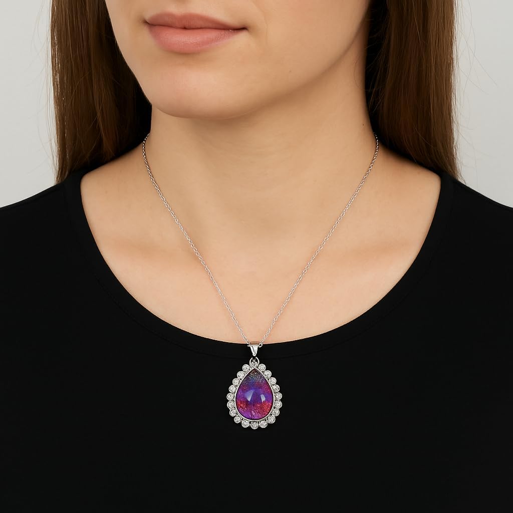 Teardrop Rhinestone Dragon’s Breath Necklace – Color-Shifting Czech Glass “Mexican Opal” Pendant in Silver or Rose Gold – Handmade Gothic Renaissance Gift for Her