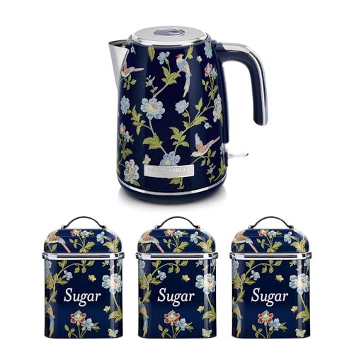 Image of Laura Ashley Elveden Navy Electric Kettle 1.7L & Tea Coffee Sugar Canisters Set of 3 - Energy Saving Fast Boil Kettle with Removable Filter - Stainless Steel Tea Sugar and Coffee Containers Set