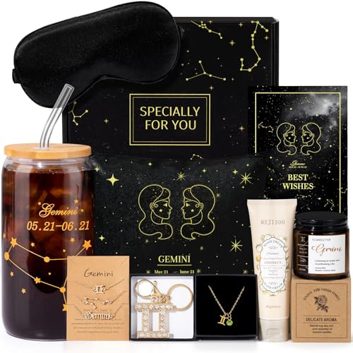 14PCS Gemini Birthday Gifts for Women Gemini Gifts for Women Baskets Get Well Gifts for Best Friend Sister Gem Astrological 16 oz Glass Cups Candle with Zodiac Gift Set Box