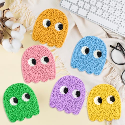 Image of ERguanfoiun 6Set Game Ghost Punch Needle Coaster Kit - Easy DIY Punch Needle Embroidery for Beginners, Game Pattern Rug Tufting Adhesive Felt Fabric Hoop Yarn Tool Instruction, Art Craft Supplies Gift