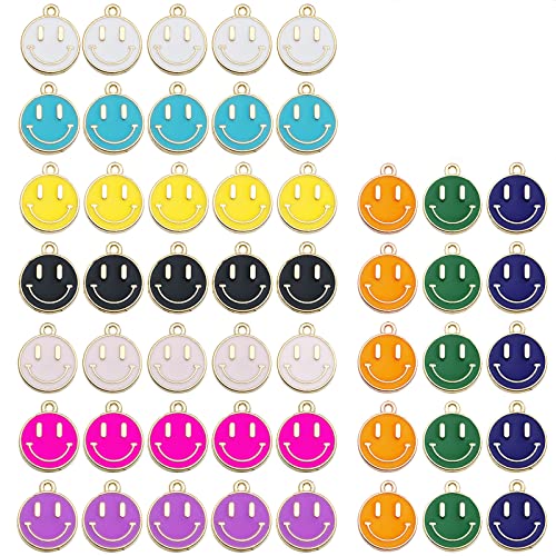 Breloques Smile Face Charm,Lot de 50 Pendentifs Ronds Plats Charmes pour Bijoux DIY Faire des Colliers,Breloque pour Création Bijou pour Bijoux Artisanaux,Bracelets,Colliers,Mélange de Breloques Cover