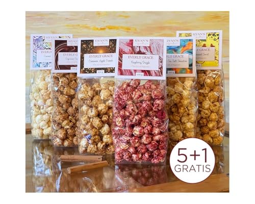 Everly Grace Popcorn – Pack de 6 sabores únicos, 100 g cada uno – Hecho a mano en nuestra fábrica de palomitas de maíz al aire caliente en Augsburgo