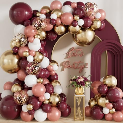 Adeyoo Burgundy Balloon Arch Kit 139Pcs Balloon Garland Kit with Burgundy Rose Gold Gold and White Balloons and Confetti Elegant Decoration for Wedding Bridal Shower Birthday Bachelorette Party