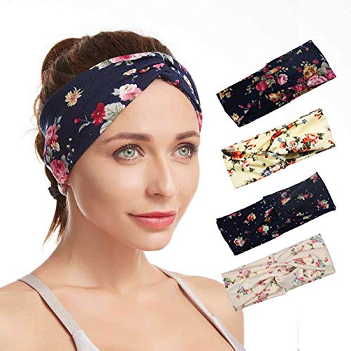 HAZBEN 4 Pack Women's Headbands Elastic Turban Head Wrap Floal Style Hair Band，Beach Boho Headbands for Girls Wide Bohemian Knotted Yoga Head Wrap Hair Accessories.