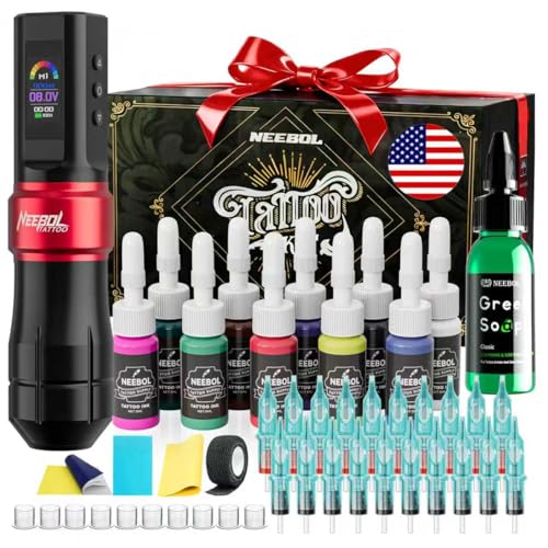 Neebol Wireless Tattoo Gun kit, Cordless Rotary Tattoo Pen with Mode Memory, 6h Battery Life, Tattoo Supplies Equipment, Complete Tattoo Machine Kit Gift for Beginners and Professionals