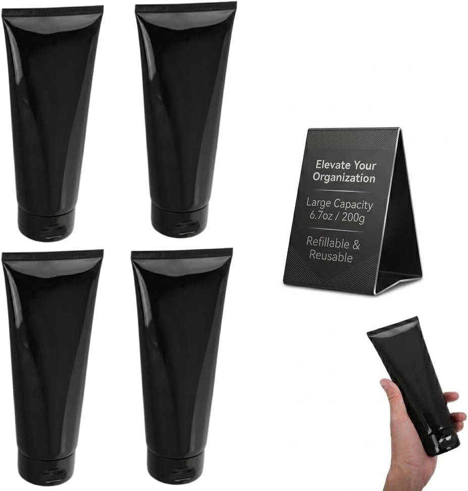 TEHAUX 4pcs Refillable Travel Bottles 7oz Small Squeeze Containers - Empty Lotion Tubes for Toiletries Shampoo Conditioner - Portable Travel Essentials for Bathroom Shower