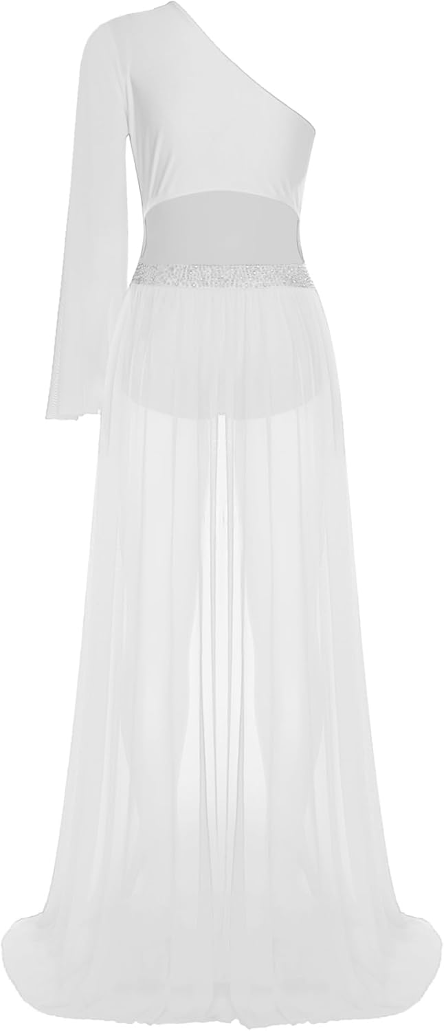 Aislor Womens Lyrical Contemporary Dance Costume Sheer Mesh Flared Sleeve Glittery Leotard Flowy Split Dress