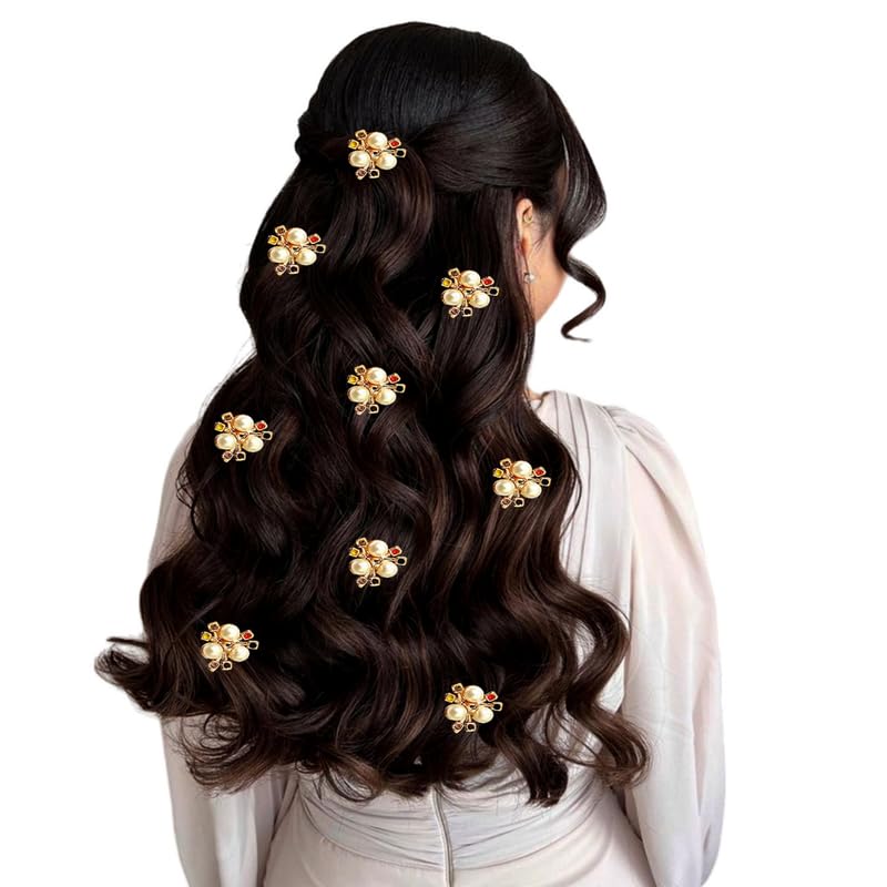 Hair Flare Elegant Floral Pearl Hair Pins for Women | Bridal & Party Hair Accessories | Flower Hair Clips with Pearls & Stones | Set of 9 Hair Jewellery for Wedding & Festive Hairstyles | Multi