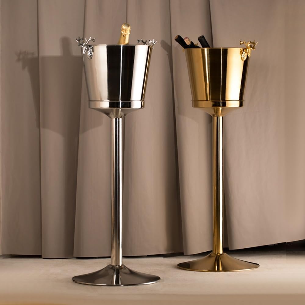 Ice Bucket, Champagne Bucket with Stand, Ice Bucket with Stand Stainless Steel Bucket Wine Chiller On Stand Tall Ice Bucket Stand for Party Bar KTV BBQ Home (Grey : Silver)