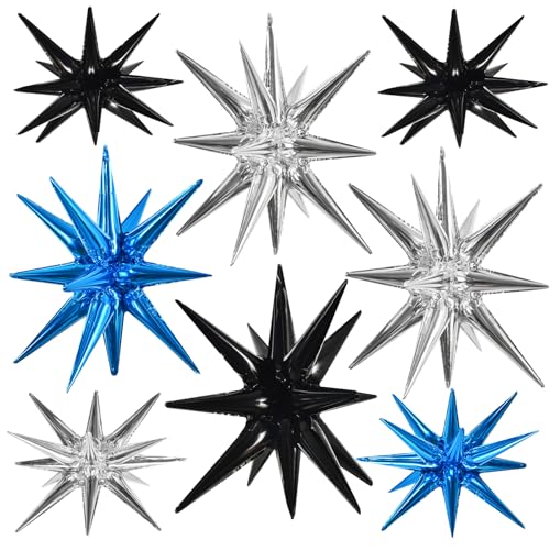 Image of TONIFUL 8Pcs Blue Black Silver Explosion Star Foil Balloon Party Decoration | 22 Inch Large Mylar Star Balloon for 30th 40th Men's Birthday Dark Space Themed Baby Shower Bachelorette New Year Party Decor