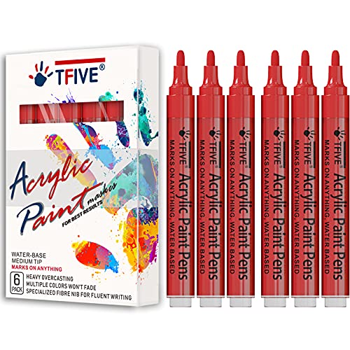 Red Acrylic Paint Marker Pens - 2-3mm Medium Tip, 6 Pack Permanent Red Water Based Paint Pen for DIY Projects, Paintings for Rock, Fabric, Wood, Leather, Metal, Ceramics, Paper, Glass, Plastic