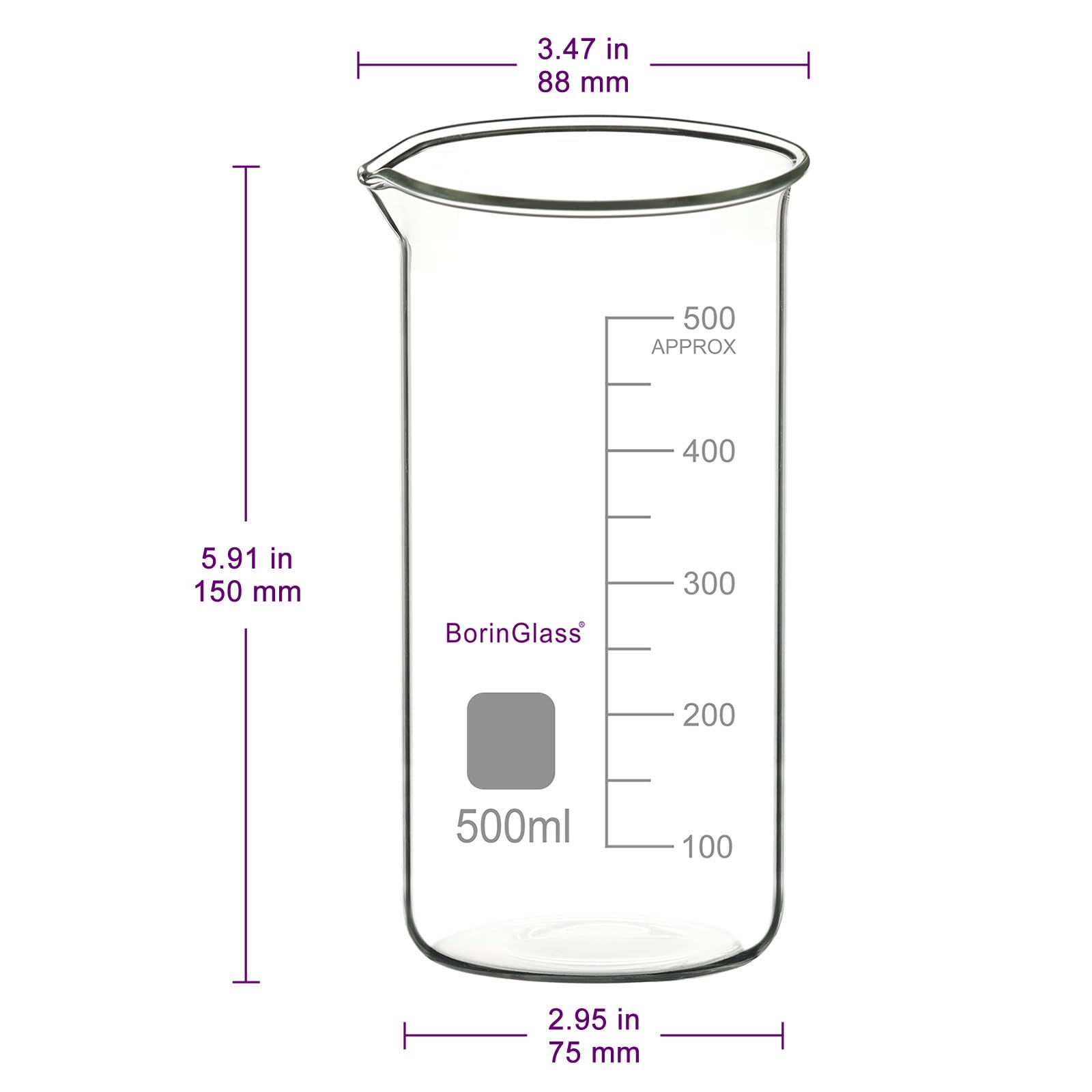 BorinGlass Becker da Laboratorio Alto in Vetro Borosilicato ad Alta Resistenza con Becco Versatore - 1 Pezzo da 500 ml Graduato