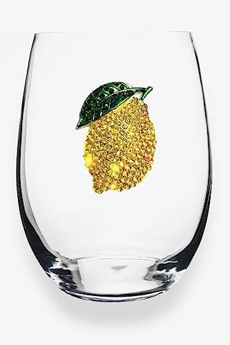 Image of THE QUEENS' JEWELS Lemon Jeweled Stemless Wine Glass, 21 oz. - Unique Gift for Women, Birthday, Cute, Fun, Not Painted, Decorated, Bling, Bedazzled, Rhinestone
