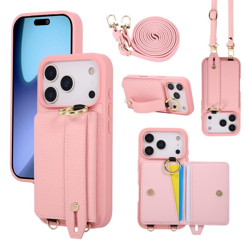 Coque portefeuille iPhone 17 Pro Max rose avec bandoulière pour ranger ses cartes