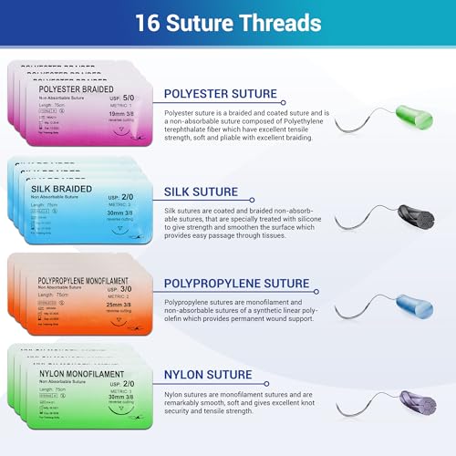 Image of Alcedo Suture Thread with Needle 16 PK (2 /0, 3 /0, 4 /0, 5 /0), Non-Absorbable (Nylon, Silk, Polyester, Polypropylene) for Nursing and Students, First Aid Practice Kit Accessories, Education Only