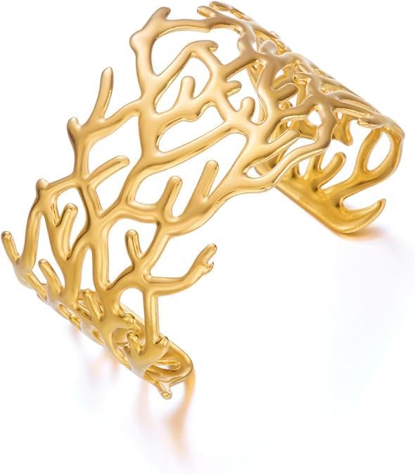 Tazweeq Wide Chunky Gold Cuff Bracelets for Women, Open Adjustable Bangles with Shell, Starfish & Coral Reef Designs, Boho Summer Beach Statement Jewelry, Gifts for Women