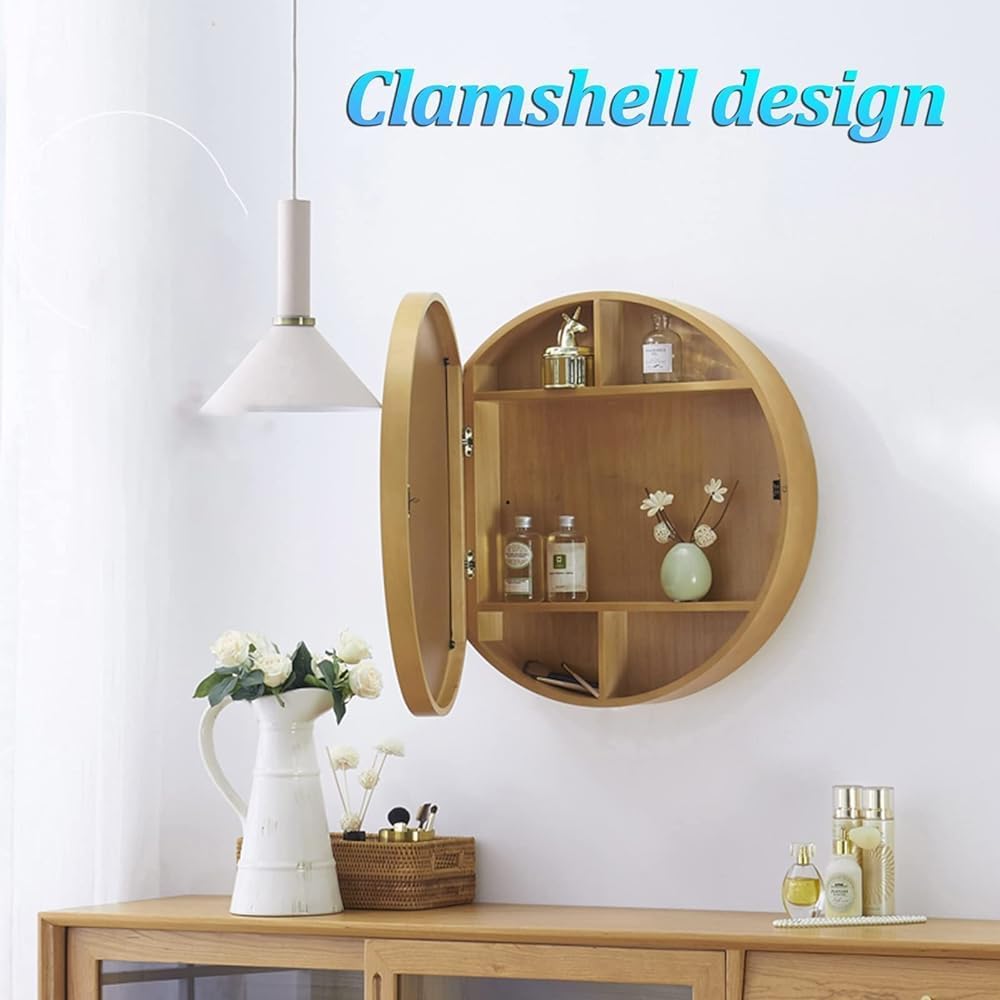Space-Saving Bathroom Storage Cabinet with Round Wall-Mounted Mirror Door, Concealed Shelves for Nized Storage, Stylish and Functional Home Solution,Brown-60cm