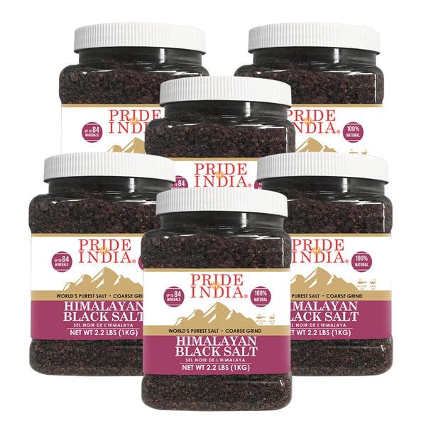 Pride Of India -PACK of 6 -Himalayan Black Rock Salt-Coarse Grind, 2.2 Pound (1 KG)- Kala Namak- Contains 84+ Minerals -Perfect for Cooking, Tofu Scrambles, Grinder, Kitchen, Restaurant, Bath Salt