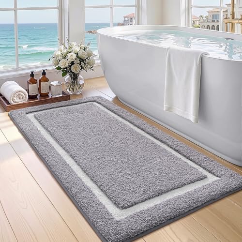 Image of Color&Geometry Gray Bathroom Rugs 43x24, Extra Soft Absorbent Microfiber Bath Rugs, Non-Slip Bathroom mat, Washable Plush Bath Mats for Bathroom, Shower, Bathtub, Laundry, Light Grey White