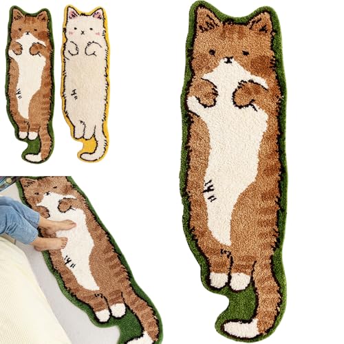 LELEBEAR Cute Cartoon Cat Tufted Rug for Bedroom, Funny Irregular Shaped Rug, 40 * 120 Cm Washable Absorbent Non-Slip Fun Animal Area Rugs with Cleaning Brush (Brown Cat)