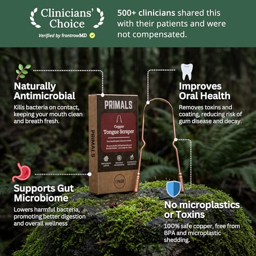 Image of PRIMALS Copper Tongue Scraper - Fresher Breath & Improved Oral Health - Natural Ayurvedic Cleaner for Daily Detox - Rust-Resistant, Eco-Friendly with Travel Cloth Pouch Included (1 Count)
