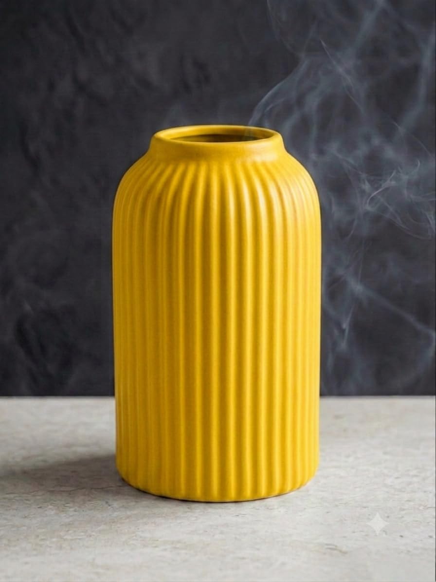 Yellow Ribbed Ceramic Vase for Home Decor, Modern Fluted Flower Vase, Small Matte Minimalist Cylinder Vase for Pampas Grass, Boho Centerpiece for Living Room, Table, Shelf (6.5 x 4 Inches)-image-2