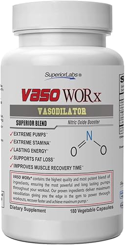 Superior Labs VASOWORx Suplemento de óxido nítrico Extra Strength 1600 mg 180 cápsulas vegetales 7 potentes ingredientes Aumento de energía