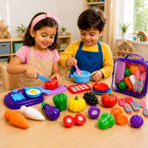 Image of PLUSPOINT Kitchen Set with Vegetables & Storage Bag | Sliceable Food Cutting Toy Set for Kids | Pretend Play Kitchen Food Accessories for Boys & Girls | Lunch Time Role Play Learning Toy