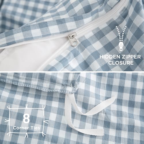 Image of TOCOMOA Blue Gingham Duvet Cover Bedding Set 100% Washed Cotton Like Linen Feel Super Soft Comfortable 3 Piece Vintage Plaid Checkered Comforter Cover Set (King 104 inchx90 inch, Comforter Not Included)