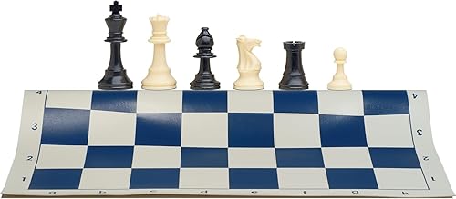 WE Games Juego de ajedrez para torneos con piezas de ajedrez de plástico y tablero de ajedrez de vinilo azul enrollable de 19.75 pulgadas, juego de