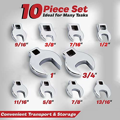 Crows Foot Wrench Set (Sae/Inch) Easily Access Hard-To-Reach Areas, Ideal For Tight Spaces, Great For Automotive Repair Work - Includes Sizes: From 3/8" To 1 Inch - 10-Piece Kit With Clip-On Organizer #TOP2