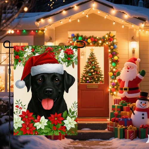 Image of BlissYard Christmas Garden Flag 12x18 Inch Black Labrador Dog Outdoor Flag Double Sided Holiday Yard Banner with Santa Hat Poinsettias and Holly Leaves for Porch Lawn Patio
