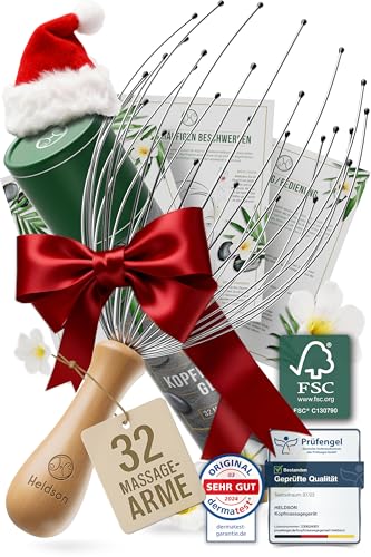 HELDSON® Kopfmassage Spinne 32 Finger - FSC®100% - Wichtelgeschenk -Kopfmassagegerät - Kopfkrauler Kopf Massage & Haarmassage - Kopfhaut Massagegerät - Head Massager - Kopfkratzer - Geschenk