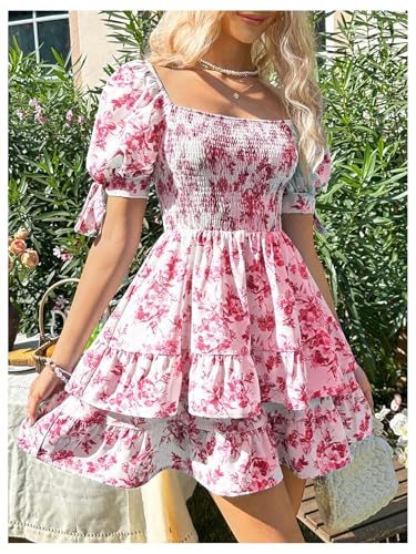 Image of Floerns Women's Floral Print Puff Sleeve Square Neck Tiered Layer Shirred Dresses