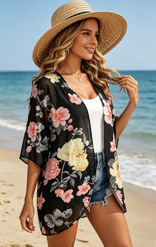 Image of FINOCEANS Womens Floral Chiffon Kimono Cardigans Loose Beach Cover Up Half Sleeve Tops