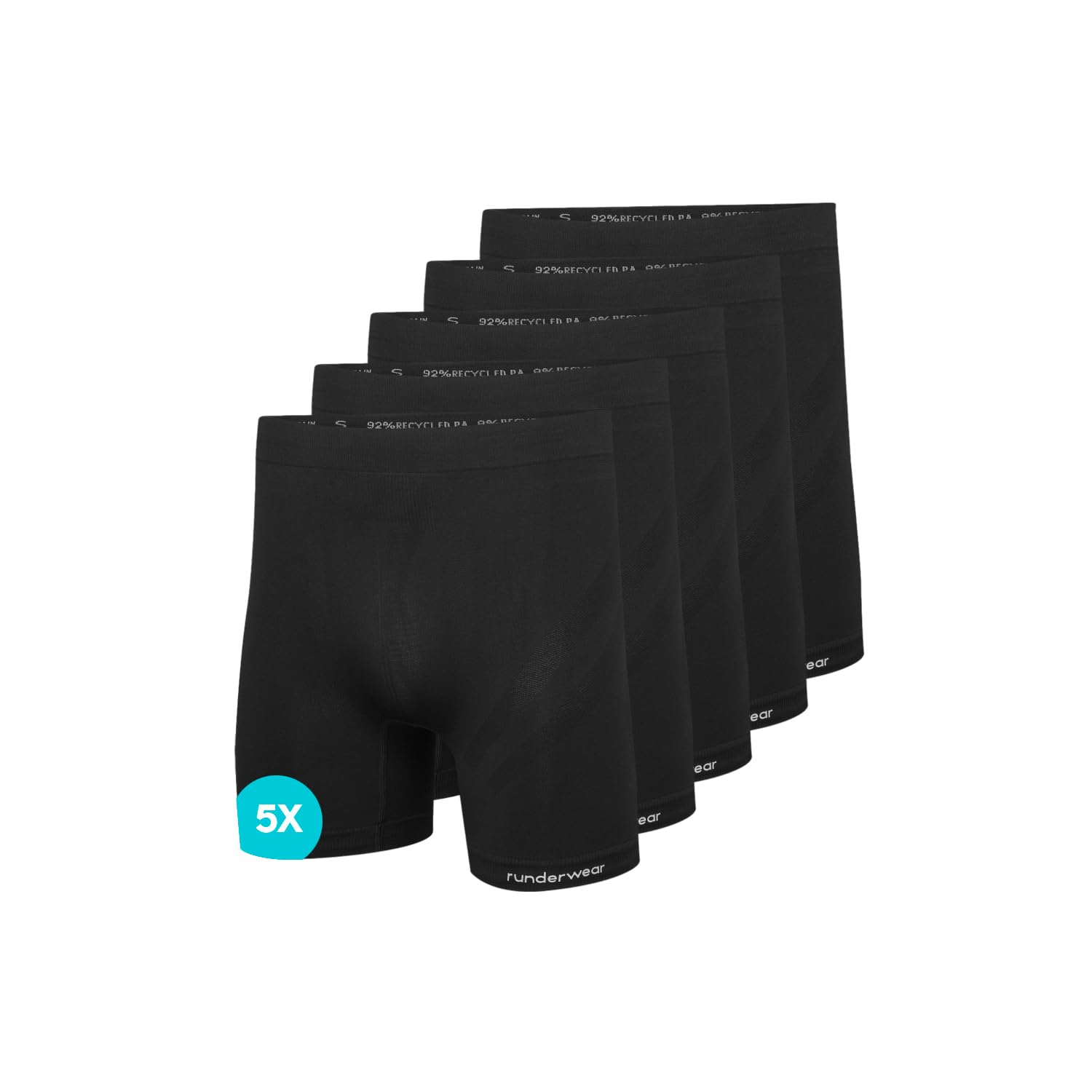 Runderwear Men's Black Running Long Boxer 5 Pack – Anti-Chafing Underwear, Long Leg Boxer, Anti-Chafe, Lightweight, Seamless Long Boxers, Running Underwear For