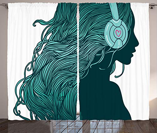 Ambesonne Music Curtains,DJ Girl Profile with Long Hair and Headphones in a Nightclub Silhouettes of Party People Print Artwork, Living Room Bedroom Window Drapes 2 Panel Set, 108 X 84, White Teal