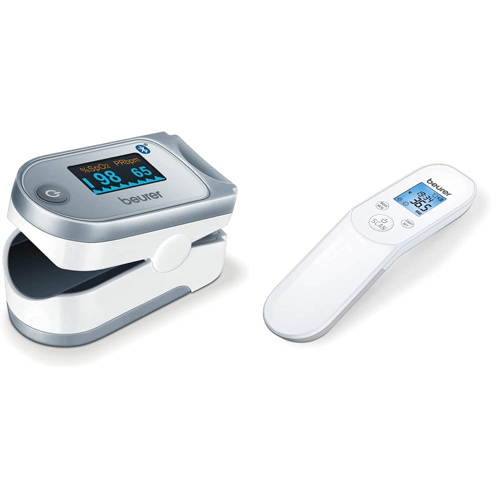 Beurer PO 60 Saturimetro Bluetooth a Lettura Istantanea con Visualizzazione Grafica del Battito Cardiaco e 100 Posizioni di Memoria & Ft 85 Termometro senza Contatto s Raggi Infrarossi