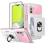 Guzhthi for Samsung Galaxy A14 5G Case with Card Holder Wallet, Galaxy A14 5G Screen Protector Glass, 3 in 1 Hybrid with Kickstand and Camera Cover Phone Case for Samsung A14 5G Case White Pink Qj